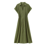 2025 Women's Fashion Casual Shirt-Style Buckle-Style Waist-Long Dress