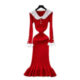 Autumn New Retro Bumpy Dolls To Receive Waist Knitted Dress Female Elastic Temperament Lotus Leafy Dress