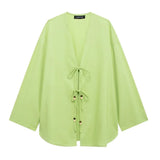 2025 Summer New Women's Casual V-Neck Bow Tie And Suit Top Straight Trousers Set
