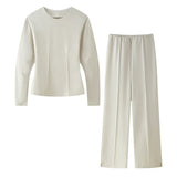 Multi-Color Double-Sided Cloth Body Round-Neck Long-Sleeved Head-Dressed Tight High-Waisted Straight Trousers Casual Suit Woman