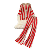 Women's Summer V-Neck Loose Knitted Cardigan Top + Broad Leg Trousers Set With Striped Hollow Set