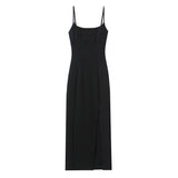 Double-Sided Cloth Sling Dress 2025 Summer Temperament Dress Dress Open Back Fork And Medium Long Fan Skirt
