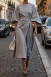 2025 Women's Fashion Temperament Elegant Solid Color Waist Dress Casual Bat Sleeve Dress