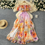 Sexy Holiday Style Shoulder Lotus Leaf Side To Receive Waist Temperament Long Swing Print Chiffon Dress