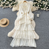 French Dress Women 2025 New High-End Lace To Receive Waist Lantern Sleeves Side Long Dress Dress