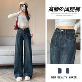 Wash Blue High-Waisted Broad-Legged Jeans Women Spring And Autumn New Loose Meat Masking Display Lean Vertical Tube Drag Long Pants