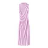 Women's Clothing 2025 Spring New Sleeveless Wrinkles Decorated Semi-High Collar Net Fan Flute Dress