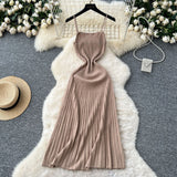 Summer Dress Women 2025 New Gentle Wind Temperament Slings Waists Thin Vertical Knitted Dress Inside The Long Skirt
