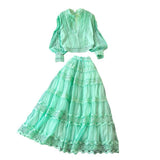 2025 Autumn Lantern Sleeve Long-Sleeved Hollow Lace Splicing Shirt + A Word Half-Dress Dress Dress Woman