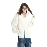 Early Autumn White Double Zipper Hooded Stingy Sweater Cardigan Soft Mashed Sweet Hot Girl Blouse