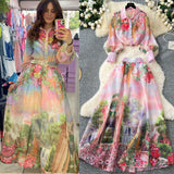 Cpro Actress High-End Printing Set Female Lantern Sleeve Buckle Shirt + High Waist Swing Half Body Skirt