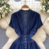 High-End Women's Dress 2025 Summer High-End Deep V-Neck Waist Buckle Body Pressure Folding Casual Denim Dress