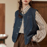 Vintage Denim Vest Vest Vest Women's Spring And Autumn Fashion Fashion New External Folding Shirt Shoulder Clip