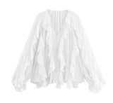 Spring 2025 New Women's V-Neck Single Buckle Long-Sleeved Cascade Decorative Shirt 10 Colors