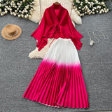 Miyajie Wrinkled Butterfly Sleeve Gradient With Shawl Short Coat Top + Gradient 100 Folded Skirt Two-Piece Suit