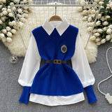 College Style High-Level Sense Of Light Luxury Lady Suit Autumn And Winter Solid Color Loose Long-Sleeved Shirt + Knitted Vest