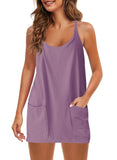 2025 Summer Solid Sleeveless Dress Fine Shoulder Strap Vest Skirt Sports Skirt Pocket
