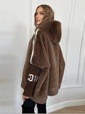 2025 Autumn And Winter New Women's Casual Loose Long-Sleeved Hood Splicing Plush Fur Coat Women
