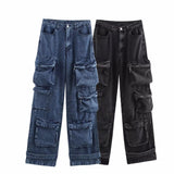 Women's Loose Jeans 2025 Spring French Retro Casual Multi-Pocket High-Waisted Trousers