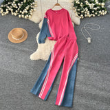 Korean Version Of The Casual Sports Suit Women's Autumn Design Feeling Loose Collar Collar High-Waisted Denim Splicing Trousers