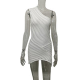 2025 Summer Design Stitching Oblique Shoulder Hollow Perspective Solid Color Sexy Knitwear Women's Dress