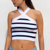 2025 Summer New Striped Cross Hanging Neck Sexy Knitting Bottom Bra Wear Vest Women's Clothing