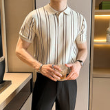 Fashion Summer High-End Short-Sleeved Men's Fashion Brand Striped Collar Ice Silk Knitted Half-Sleeved T-Shirt For Men