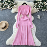 French Small Fragrant High-Grade Metal Buckle Waist Dress Women 2025 Autumn Thin Temperament Hollow Knitted Long Dress