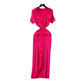 Elegant Little Scent Retro V-Neck Metal Single-D Row Buckle Slimming Temperament Knitted Dress Spring
