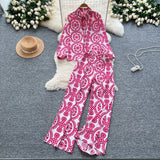 Lightly Familiar Wind Wearing A Female Fashionable Loose-Fitting Long-Sleeved Printed Shirt + High-Waisted Casual Broad-Legged Trousers Set