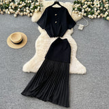 Light-Cooked Two-Piece Skirt 2025 Summer High-End Short-Sleeved Knitted Top High-Waisted Splicing 100-Folded Skirt