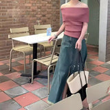 French Retro Sexy Shoulder Repair Slimming Paper Pieces Knitted Vest T-Shirt Blouse Short Short Sleeve