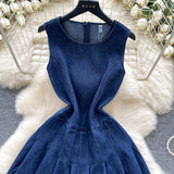 High-End Small Fashion Sleeker-Less Round-Necked Denim Dress Women's Summer Waists Thin Temperament 100-Folded Vest Dress
