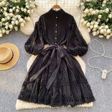 2025 Spring And Summer New Lantern Sleeve Retro Hollow Lace Splicing Single Buckle Loose Lace Dress Dress Woman