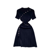 Cousin Temperament Half-High Collar Short-Sleeved Dress Female Design Button-Skinny Open Fork Medium Long Knitting Skirt