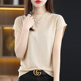 Short-Sleeved T-Shirt Round Collar Bottom Top 2025 New Solid Color Loose T Ice Knitted Shirt Casual