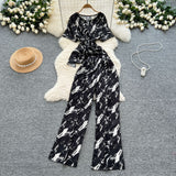 Lightly Mature Two Sets Of Women's Summer Dress Design Cross-Round Neckline Short-Sleeved Print Top High-Waisted Casual Broad-Legged Trousers