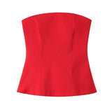 Red And White Tsets 2025 Spring And Summer Shoulder Repair Silk And Silk Textured Back Zipper Short Vest Woman