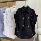 European High-Stock Design Feeling Heavy Industry Nail Embroidery Shirt Loose Apparent Thin Age Shirt Shirt Women Short Sleeves