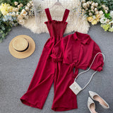 Holiday Wind Two Sets Of 2025 New Sling Folded Wide Leg Jumpsuit + Straight Short Sleeve Open-Sleeved Shirt Shirt Female Trend