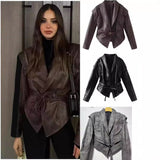 2025 Early Spring New Women's Retro Coffee Brown Leather Coat Women