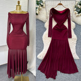 French Small Fragrant Style High-Level Sense V-Neck Metal Buckle Waist Knitted Dress Women Autumn Body Fork Long Dress