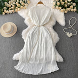 Famous Temperament Heavy Industry Pearl Wood Ear Round Collar Dress Women's Summer New Waist Thin 100 Folded Long Skirt