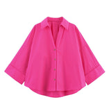 2025 Spring And Summer New Women's Fashion Casual Collar Striped Wide-Sleeved Shirt