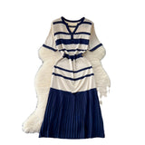 Korean Version Of Fashion V-Neck Short-Sleeved Striped Knitted Dress Women Thin Senior Sense 100-Folded Dress Women Summer