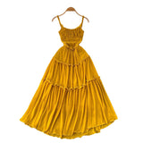 French Tea Break Retro Sling Dress Women's Holiday Wind To Show Thin Folds Design Long Skirt