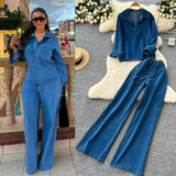 Light-Cooked Wind High-End Retro Lapel Long-Sleeved Cowboy Topess 2025 Autumn Dress High-Waisted Casual Broad-Legged Straight Trousers