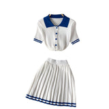 Pure Hot Babes Hit The Color Polo Collar Short-Sleeved Shirt Top + High Waist Thin 100-Folded Skirt Two Sets Of Summer