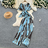 Lightly Mature Two Sets Of Women's Summer Dress Design Cross-Round Neckline Short-Sleeved Print Top High-Waisted Casual Broad-Legged Trousers