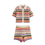 Z Autumn New Striped Printed Short Sleeve Clip Sleeve Casual Shorts Striped Knitted Sling Vests